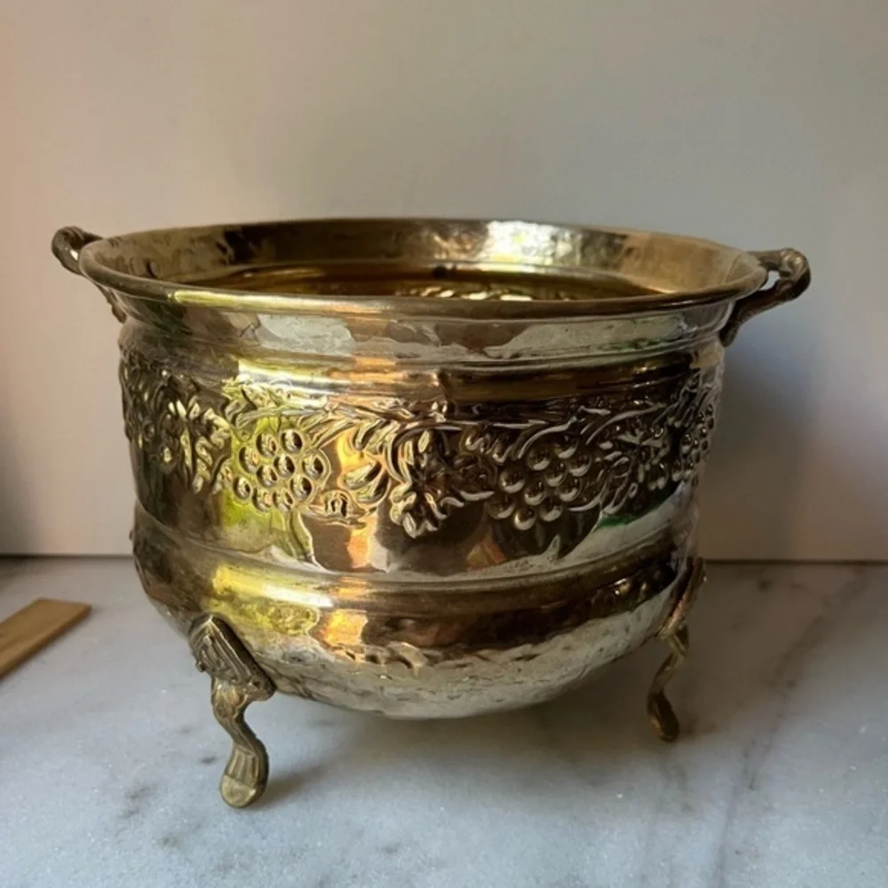 vintage brass footed planter With Handles Embossing Grape Motif India